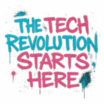 The Tech Revolution Starts Here Neon Cyan and Fuchsia transparent background LyfeBytes LLC