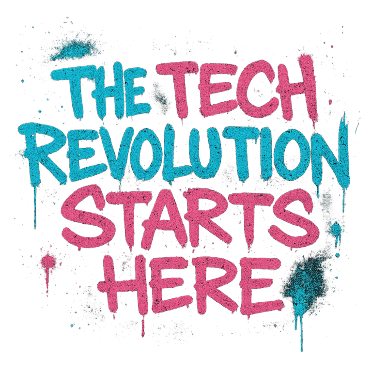 The Tech Revolution Starts Here Neon Cyan and Fuchsia transparent background LyfeBytes LLC
